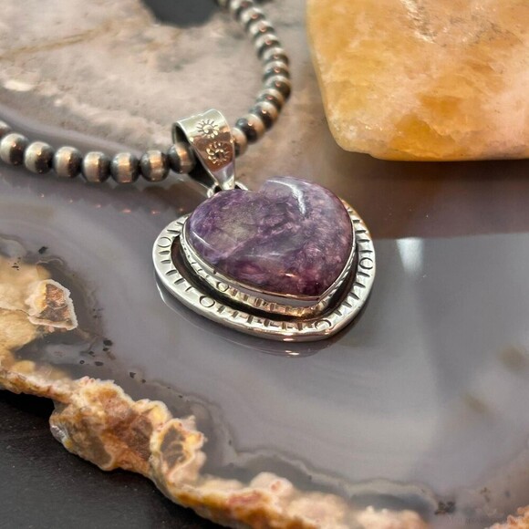 Sterling Silver Southwestern Style Charoite Decorated Heart Pendant For Women #1 - Picture 4 of 10